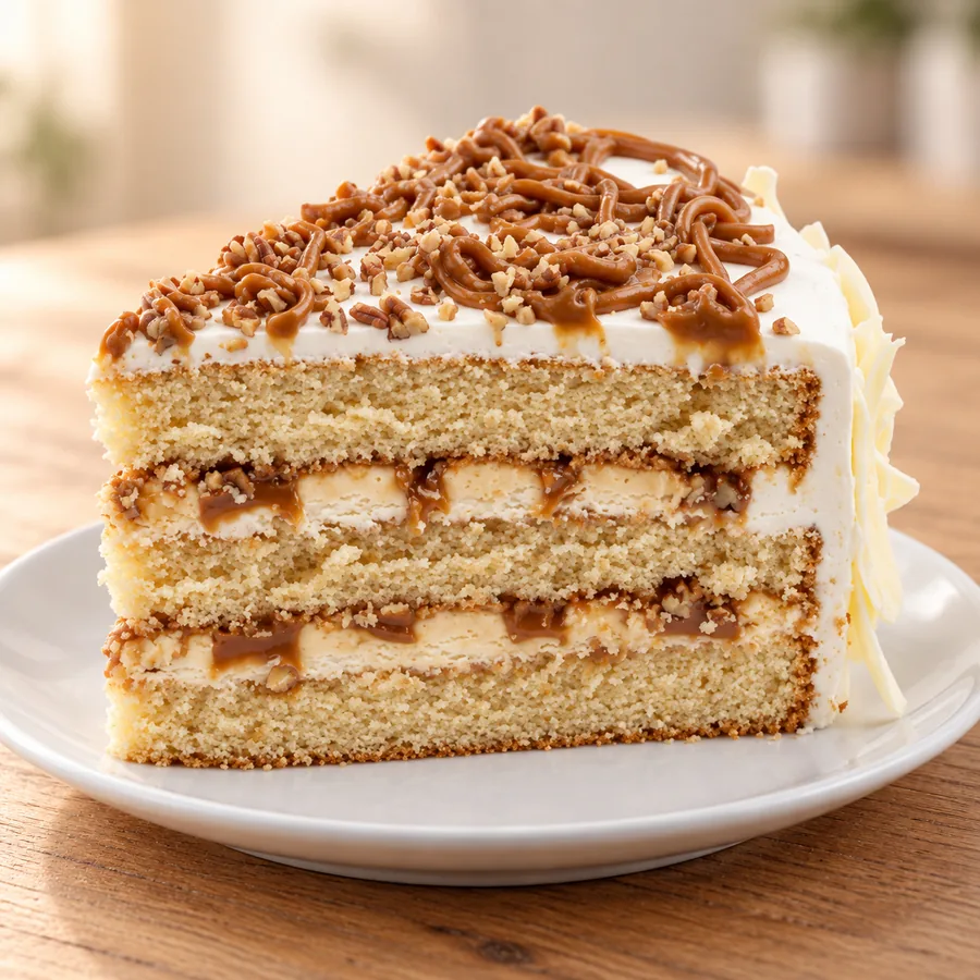 Rebanada de pastel de vainilla con cajeta y nuez